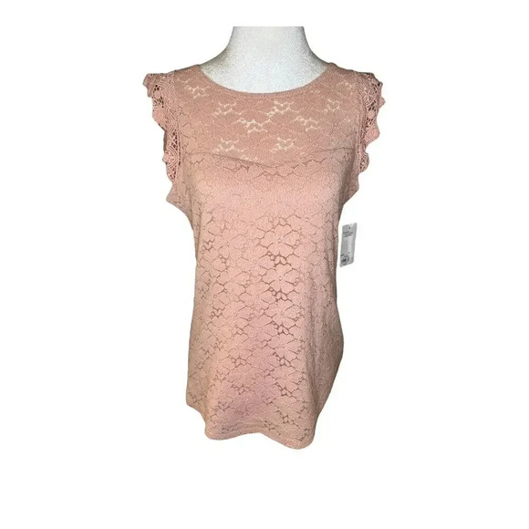 SO Women's Pink Lace Overlay Flutter Sleeve Blouse Size Small Casual Spring - Picture 1 of 8